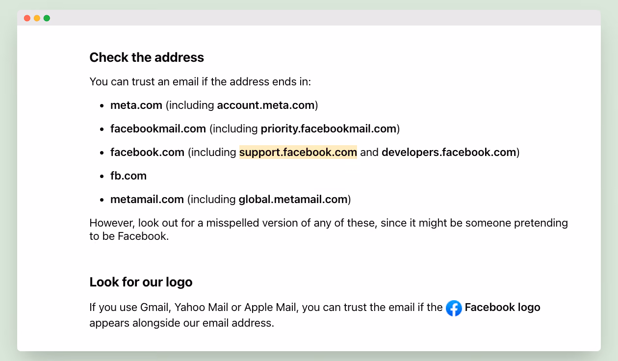 Official Facebook help page explaining how to verify if an email is genuinely from Facebook.