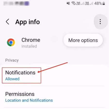 Android settings displaying the Chrome app settings with notifications allowed