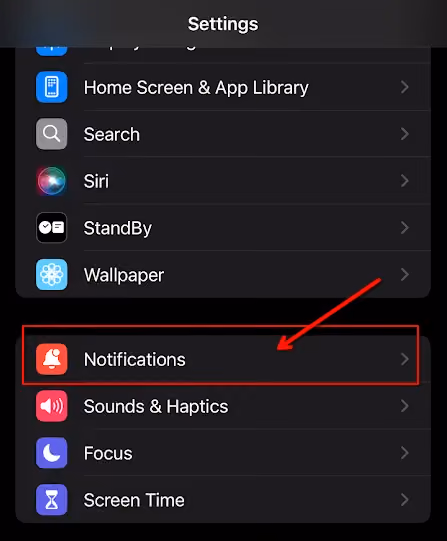 iOS settings displaying the notifications option.
