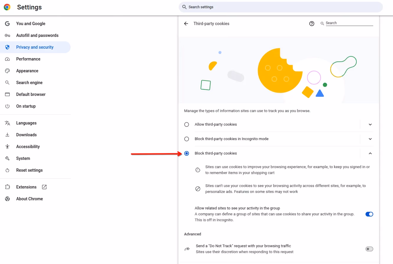 Chrome’s Privacy and Security settings with the "Block third-party cookies" option enabled.