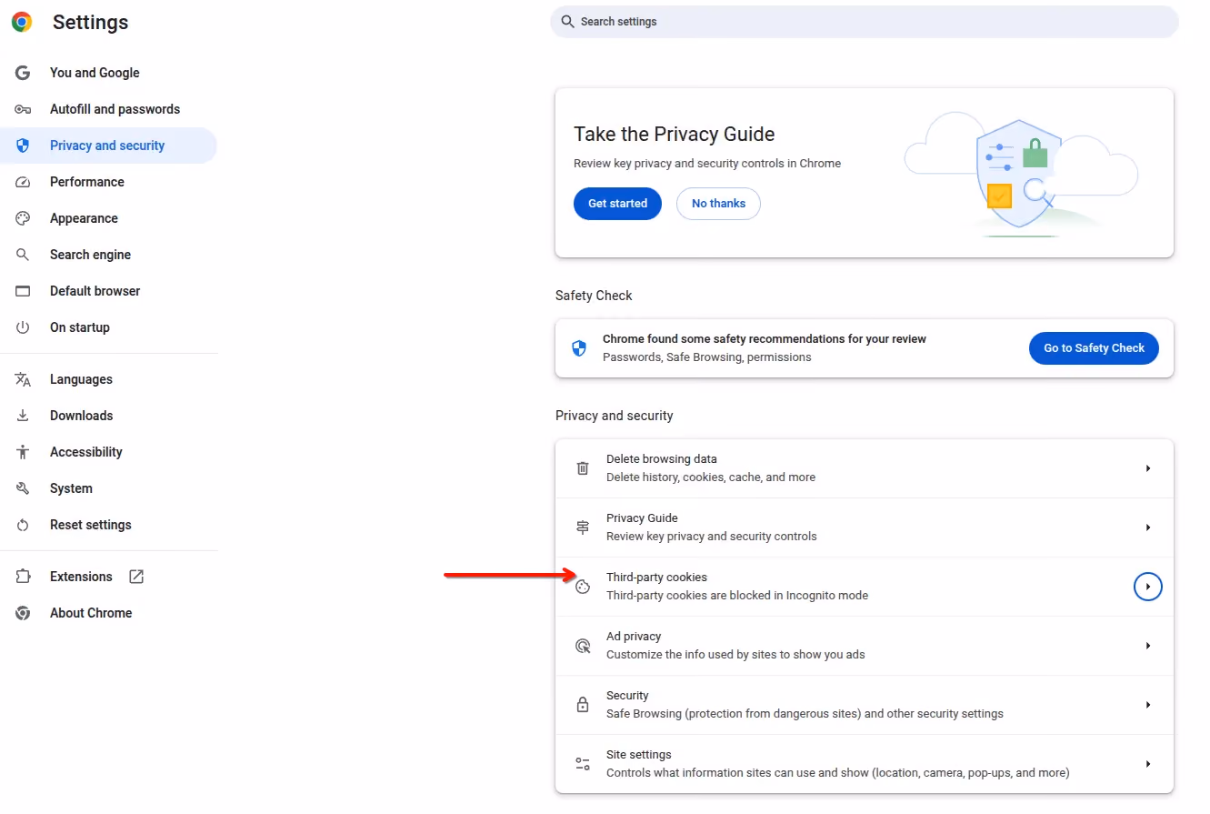 Chrome’s Privacy and Security settings with the "Third-party cookies" option highlighted.