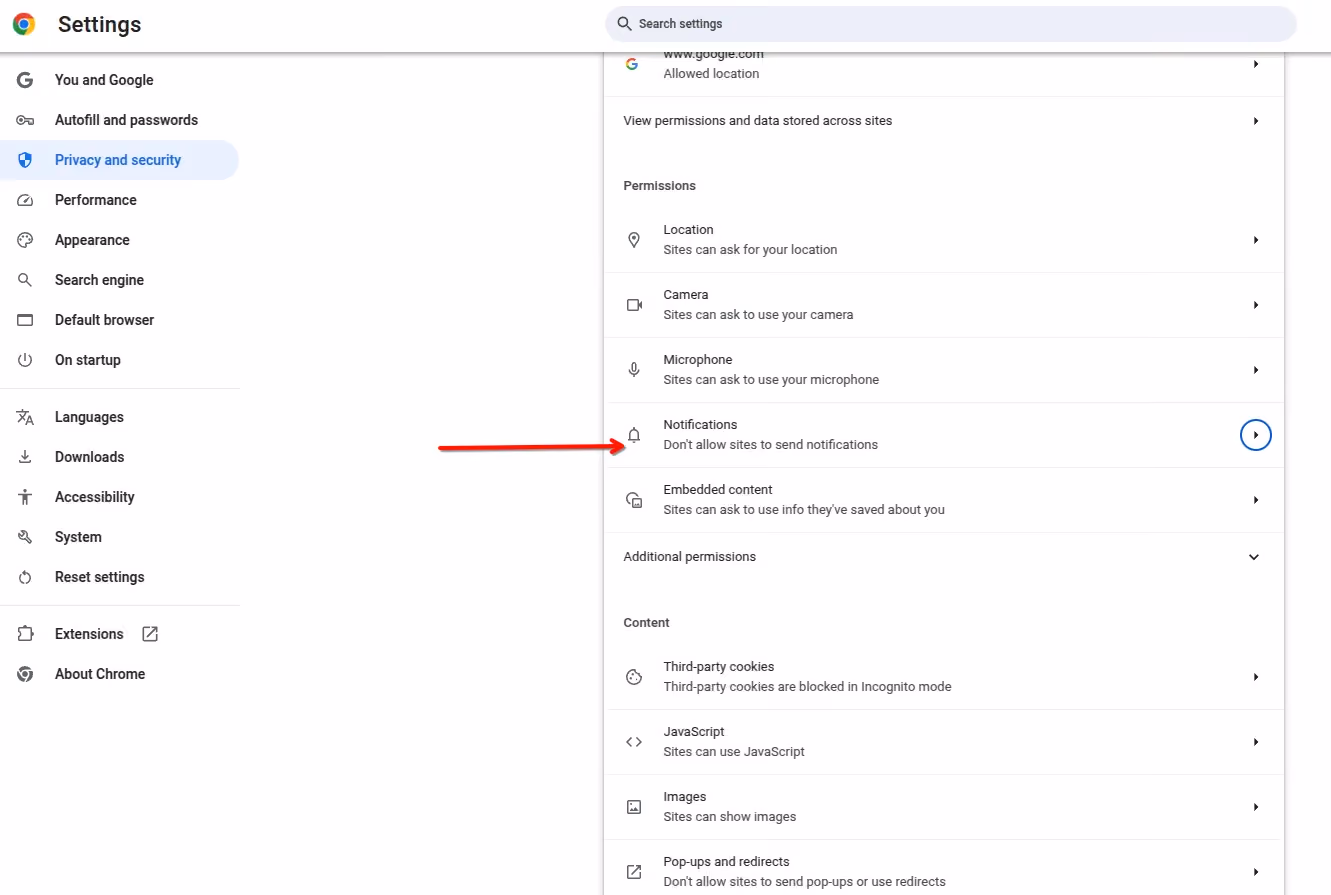 The Notifications settings in Chrome.