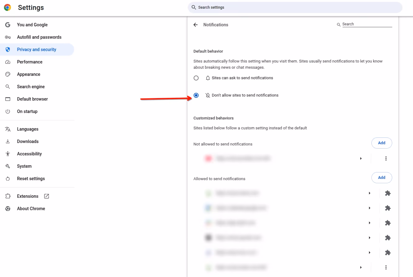 Showing options to allow or block site notifications.