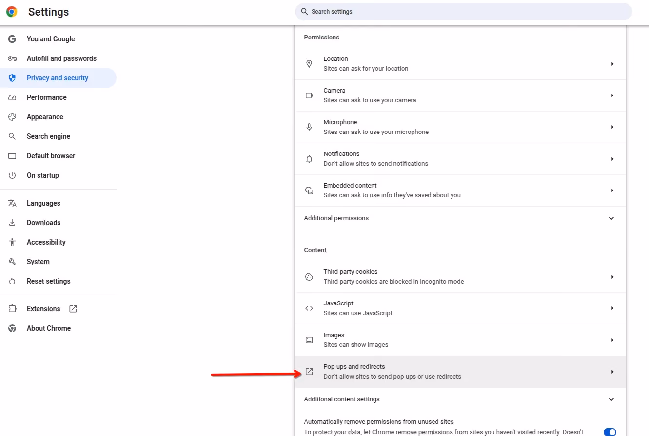 Chrome’s Pop-ups and redirects settings highlighted.