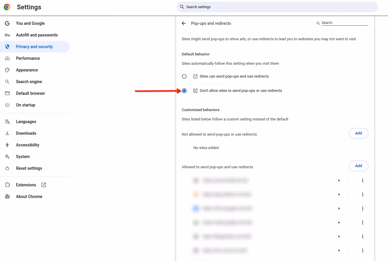 Chrome’s Pop-ups and redirects settings with the “Don’t allow” option selected.
