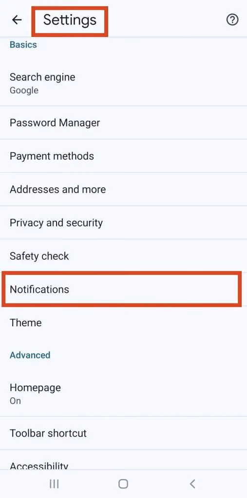 Chrome mobile app’s site settings with the Notifications toggle turned off.