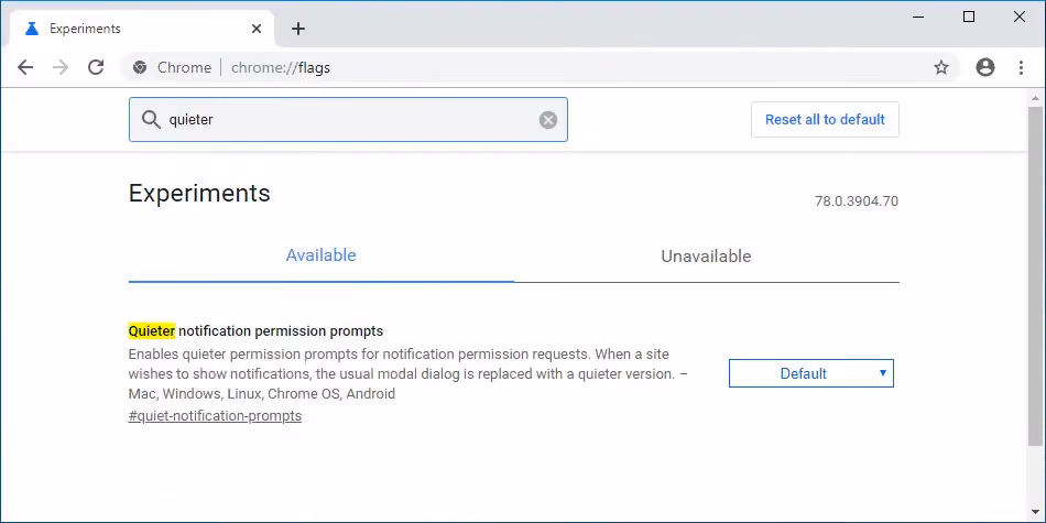 Chrome Flags page highlighting the "quieter notification prompts" search and enable option.