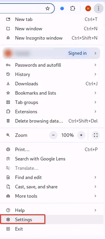 Google Chrome settings menu with the three-dot menu expanded