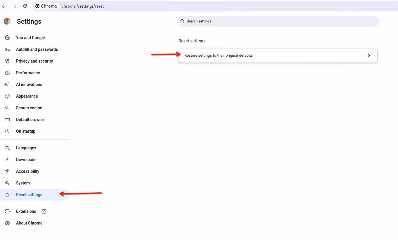 Chrome settings section where users can reset browser settings to default