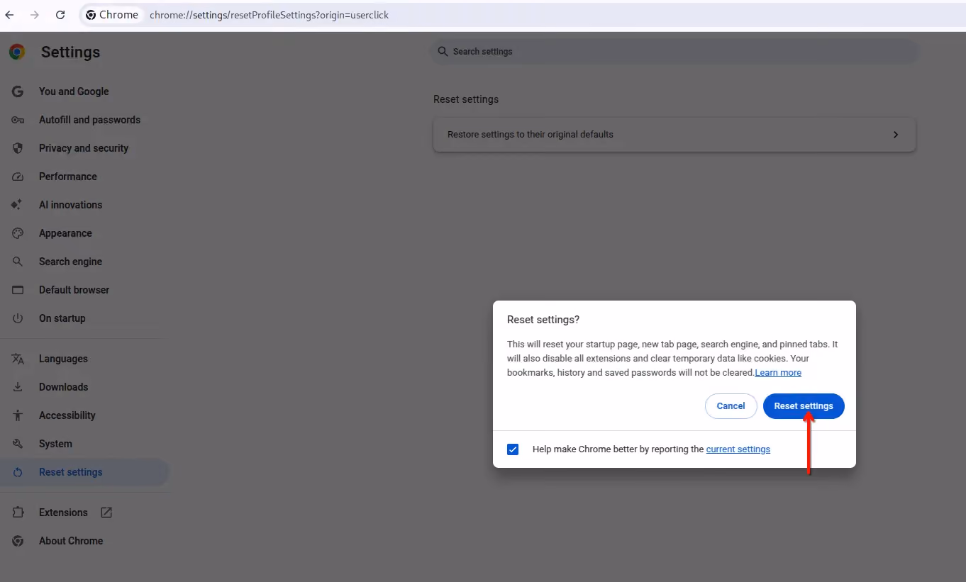 A confirmation dialog box asking users to confirm resetting Chrome settings.