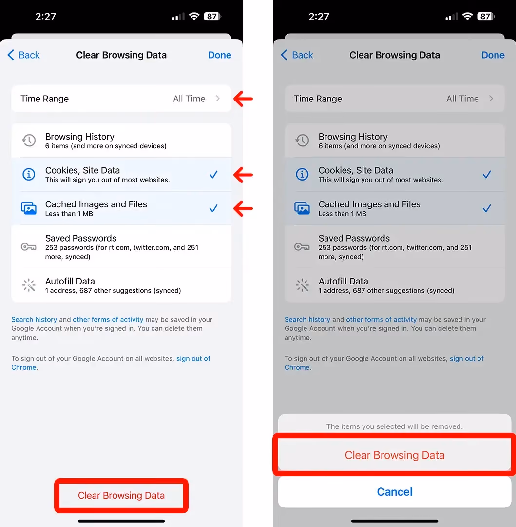 A confirmation screen showing the option to clear browsing data in Chrome for iOS.
