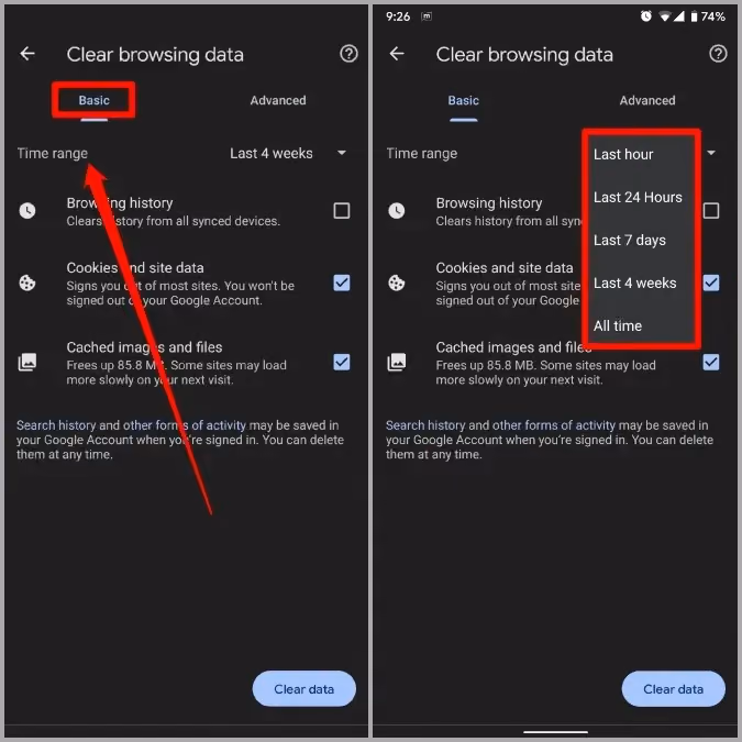 The privacy and security section in the Chrome Android app where users can clear browsing data.