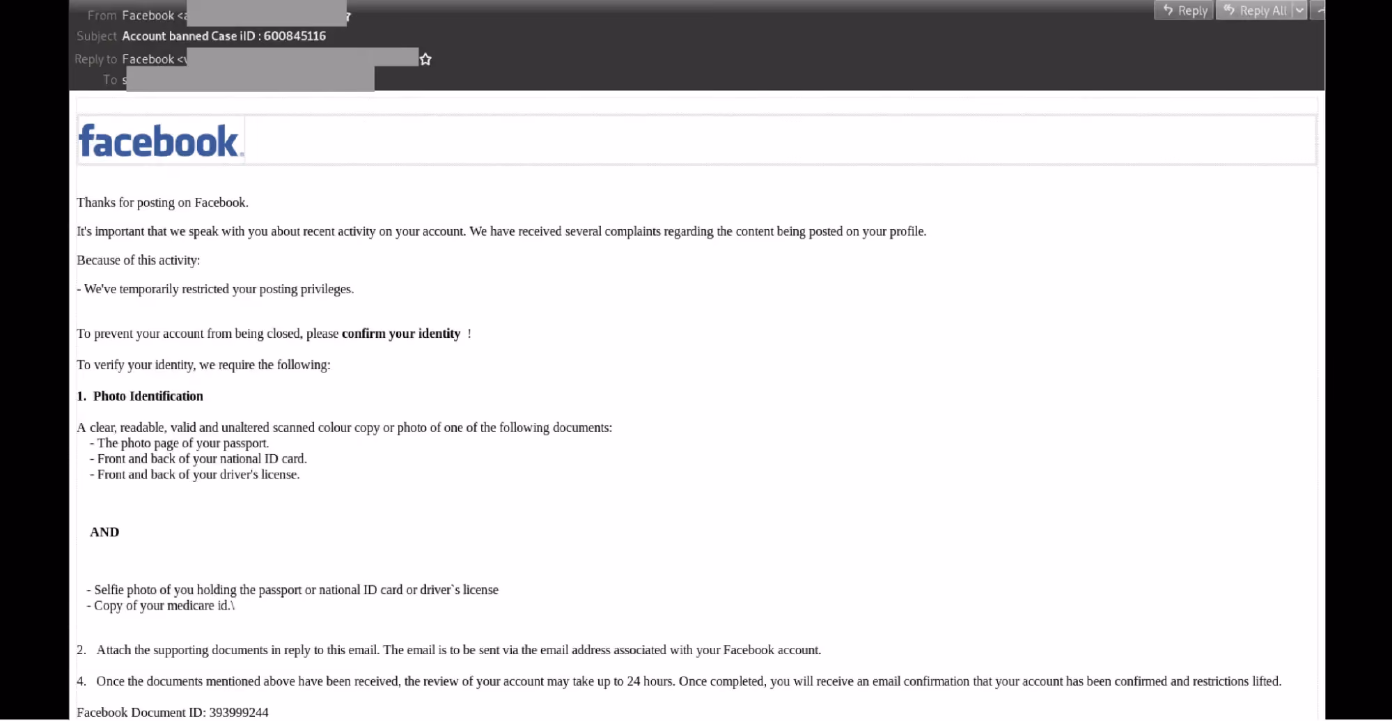Facebook spoof scam asking for user personal details.