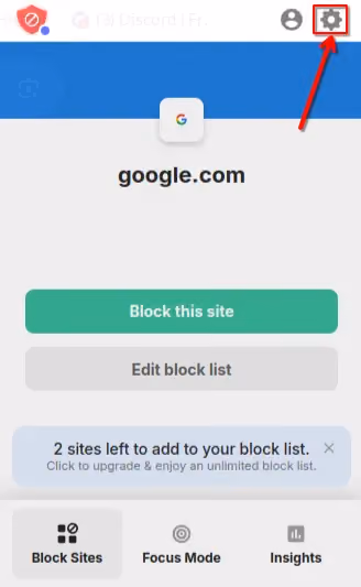 Internal settings page of the extension