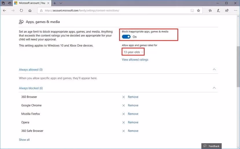 Block inappropriate sites via Family settings in Windows