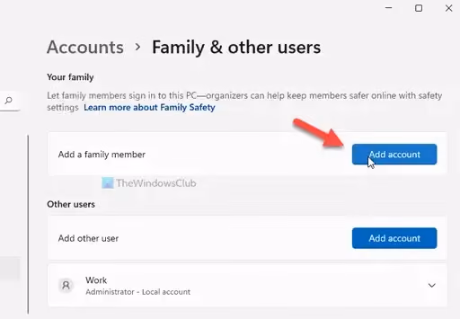 Family & other users settings in Microsoft account pag