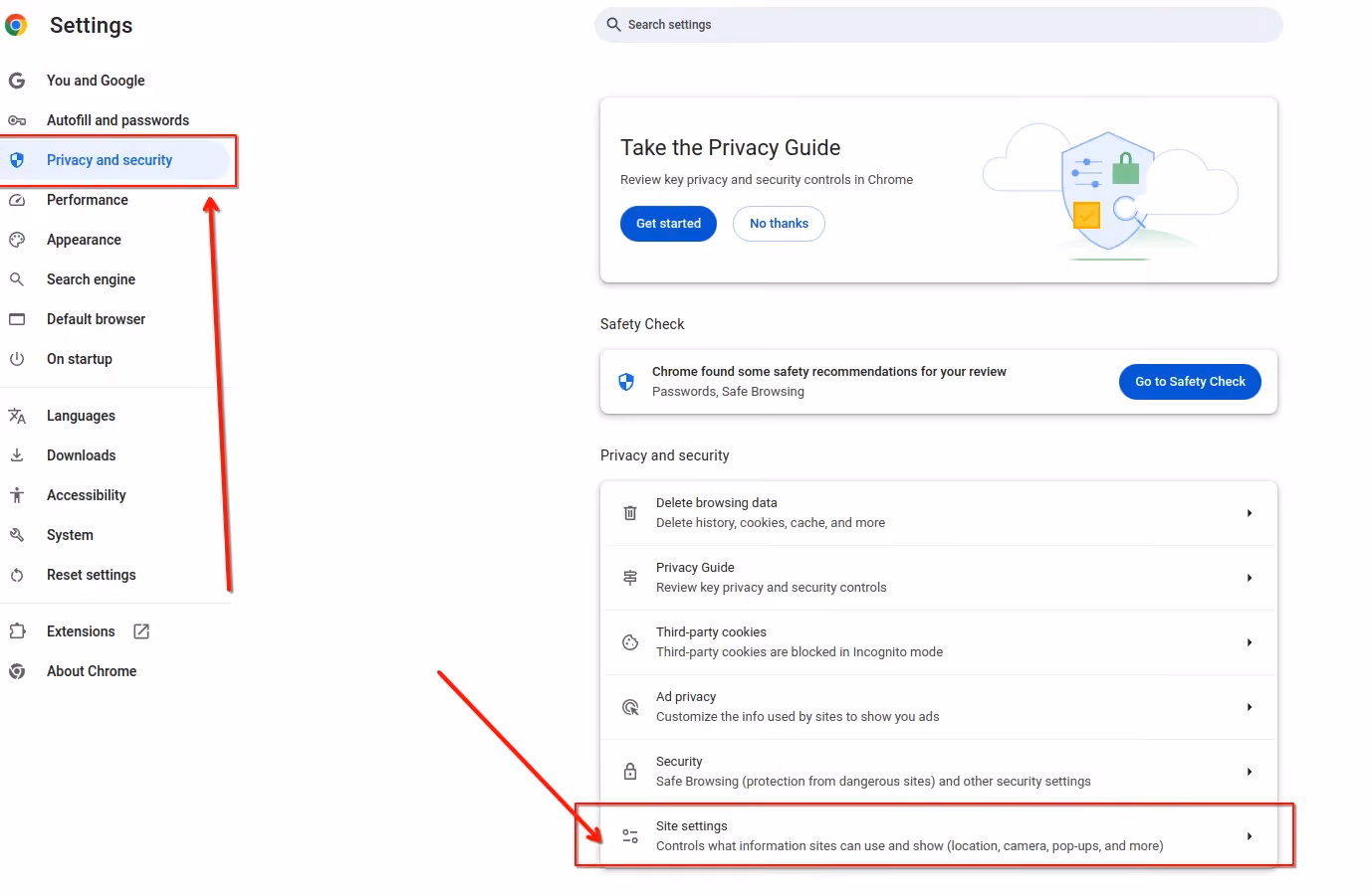 Site settings on the Chrome browser