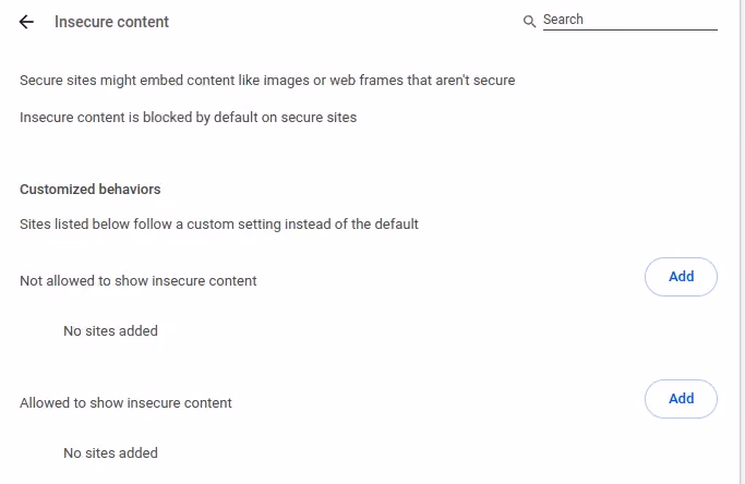 Insecure content settings in the Chrome browser