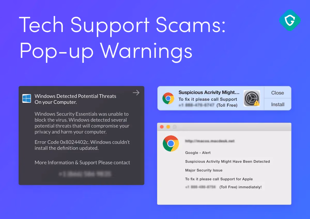 Tech support scam examples showing fake Windows and Google pop-up alerts warning of threats and urging users to call support numbers.