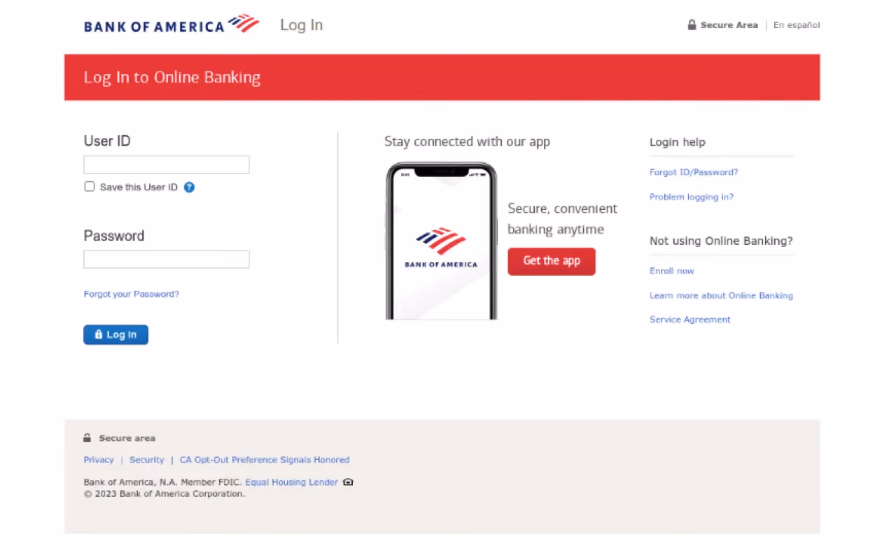 Bank of America Fake scam page