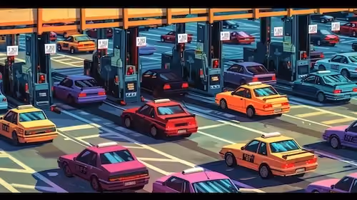 Graphic of cars in waiting to pay toll