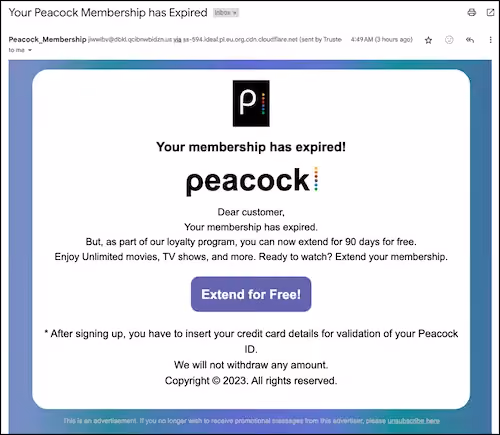 Example of a peacock phishing email