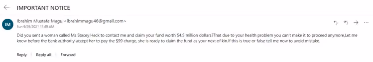 Example of a phishing email asking to start a conversation to get access to personal details.