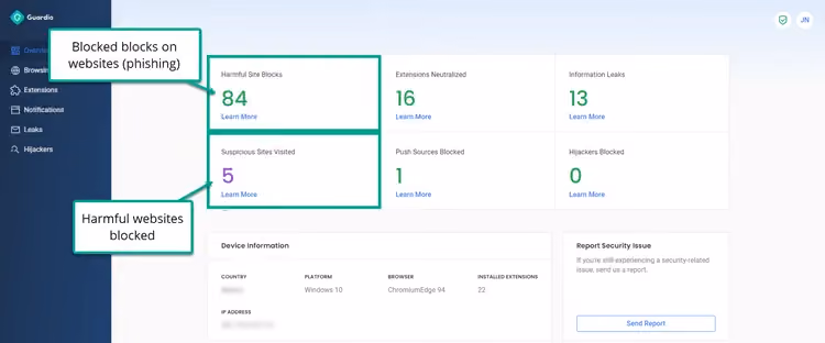 Guardio dashboard showing 84 harmful sites blocked, 5 suspicious sites visited, 16 extensions neutralized, and 13 info leaks.