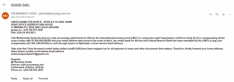 Example of a phishing email impersonating a bank and asking for personal information.