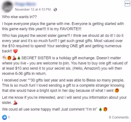 Facebook post inviting people to join a “Secret Sister” gift exchange promising multiple gifts in return for sending one $10 gift.