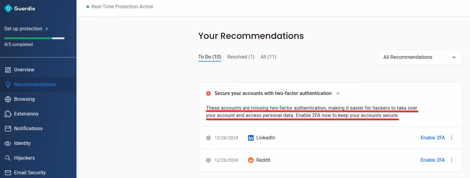 Recommendations by Guardio for our online accounts without 2 Factor Authentication.