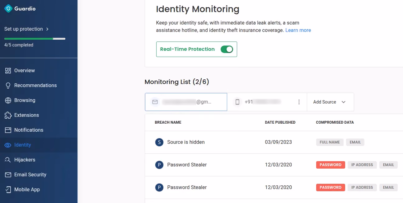 Leaked identity details linked with email and phone number, as found by Guardio’s security system.