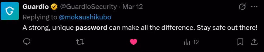 Tweet by Guardio: “A strong, unique password can make all the difference. Stay safe out there!”