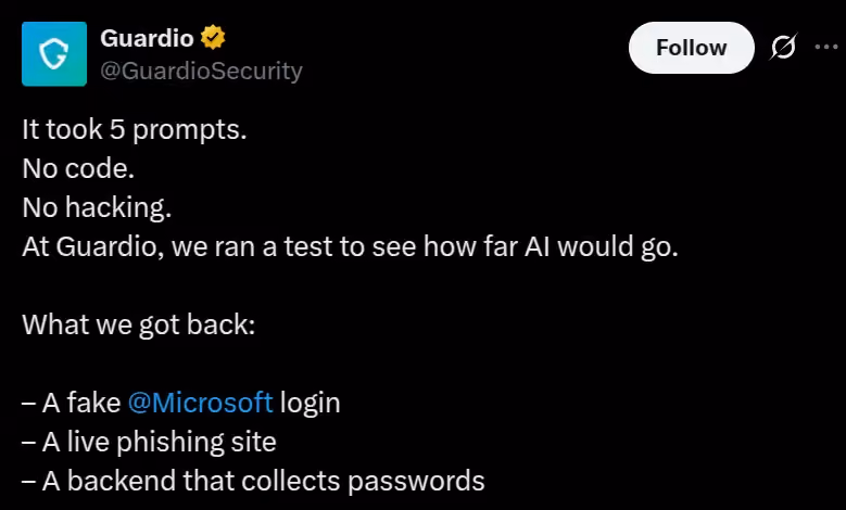 A Tweet by Guardio on how AI can be used to quickly create a phishing website.