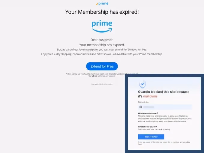 A phishing site asking to extend the Amazon Prime membership detected by Guardio.