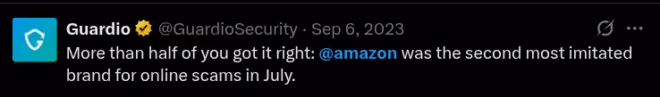 Guardio’s Tweet on Amazon being the second-highest imitated brand for online scams in July 2023.