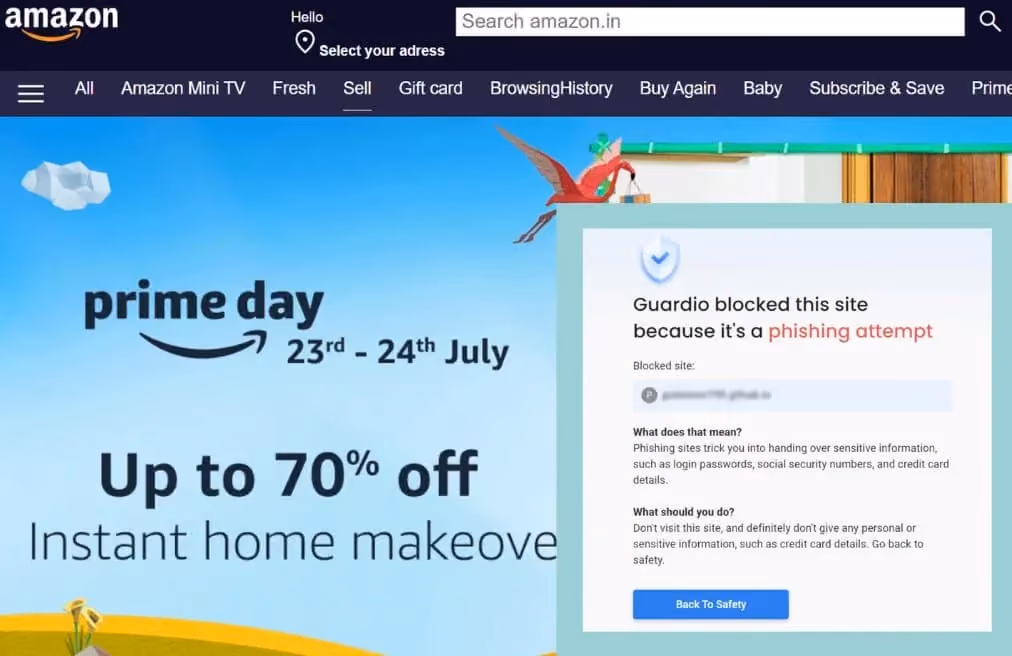 A phishing site of Amazon that shows Prime Day offers and is detected by Guardio.