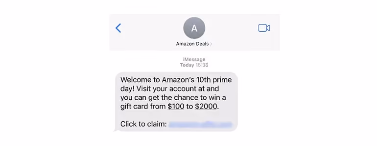 SMS with an external link to claim an Amazon Gift Card worth $100-$2000.