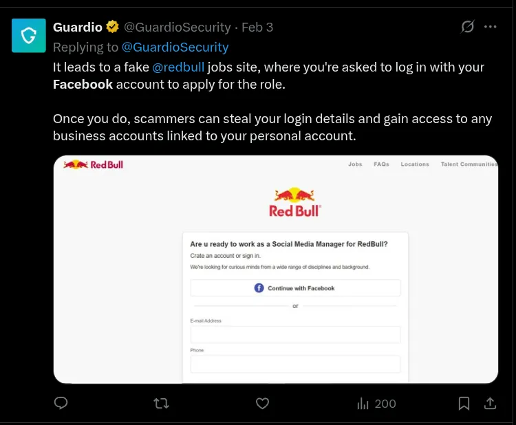 Guardio exposing a fake third-party app asking to connect Facebook accounts and steal credentials.