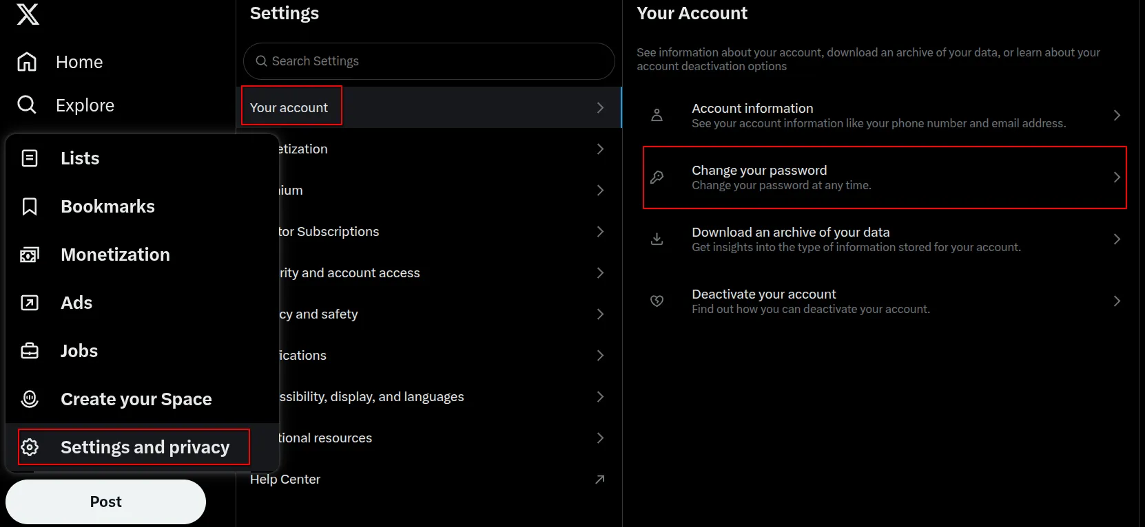  The “Change your password” setting that allows changing password for login on X.