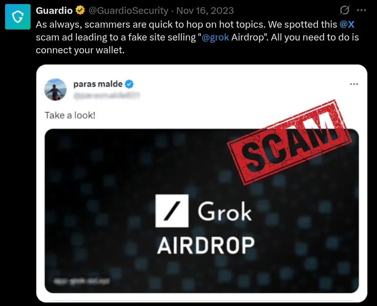 Guardio tweet highlighting how an externally connected wallet can be a scam in the name of the crypto token airdrop.