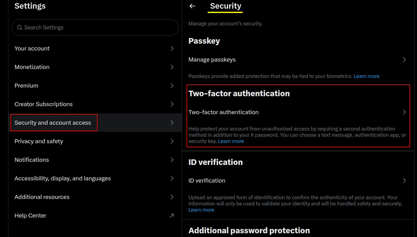 Enabling 2 Factor Authentication on X platform via Security settings.