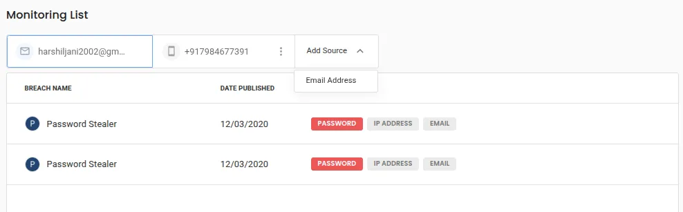 Guardio showing all the leaked credentials based on email, phone number, or IP Address.