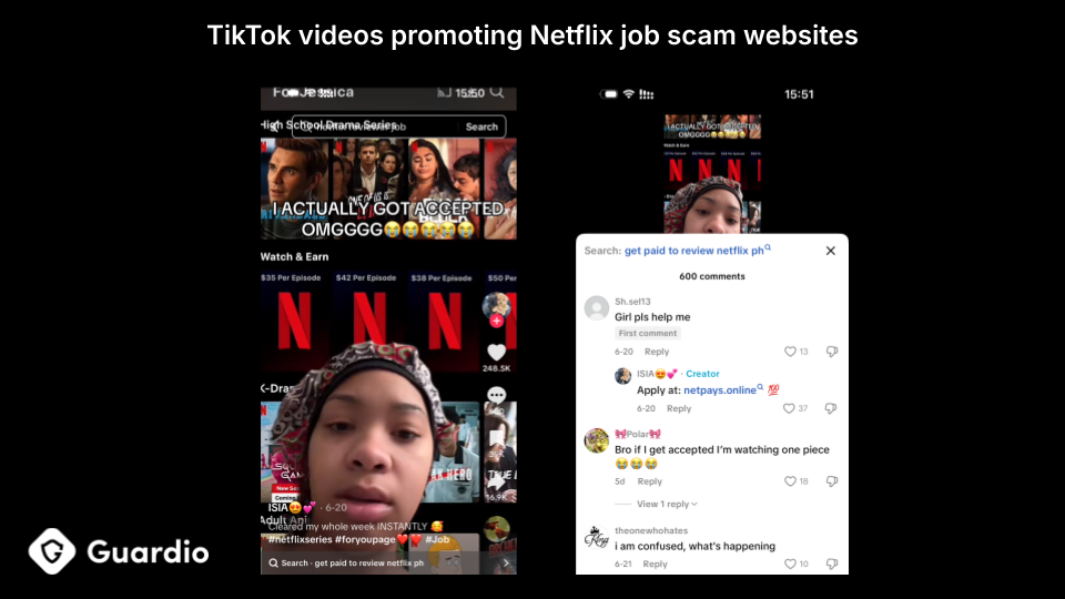 TikTok videos promoting fake Netflix job offers with scam links.