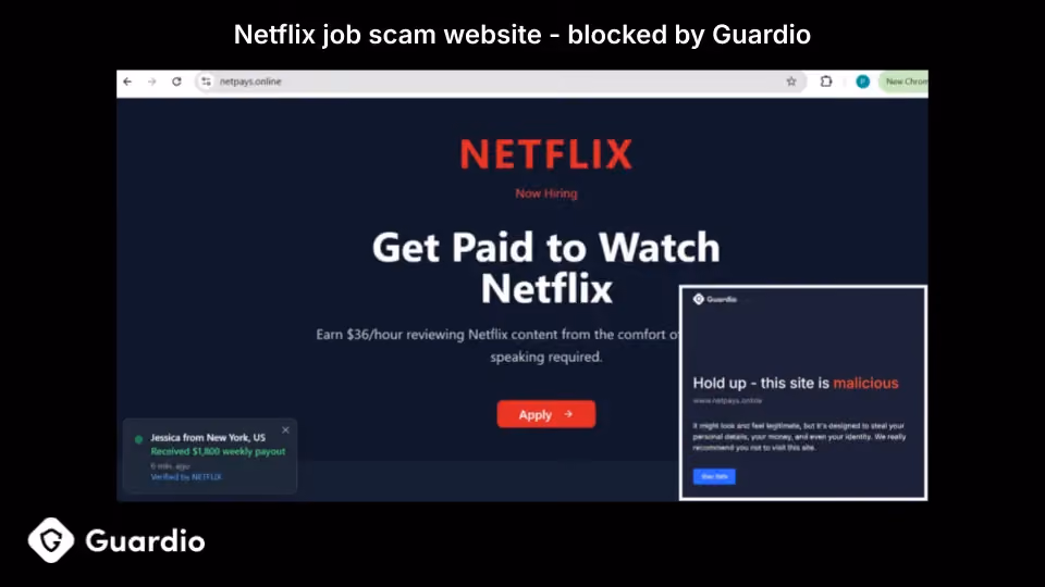 Fake Netflix job site promising $36/hour is flagged by Guardio as malicious, warning users of potential identity theft and urging them to stay safe.