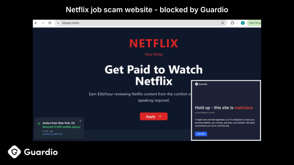 Fake Netflix job site promising $36/hour is flagged by Guardio as malicious, warning users of potential identity theft and urging them to stay safe.