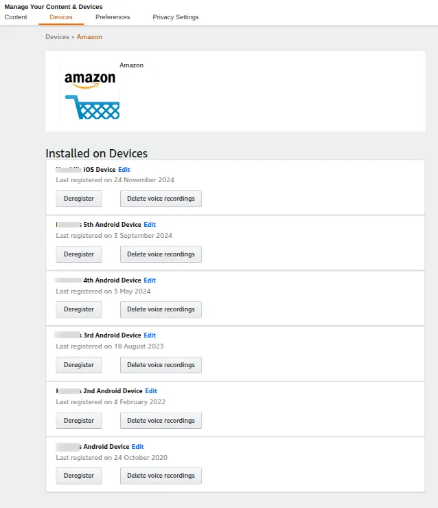 Checking all the logged-in devices in the Amazon account.