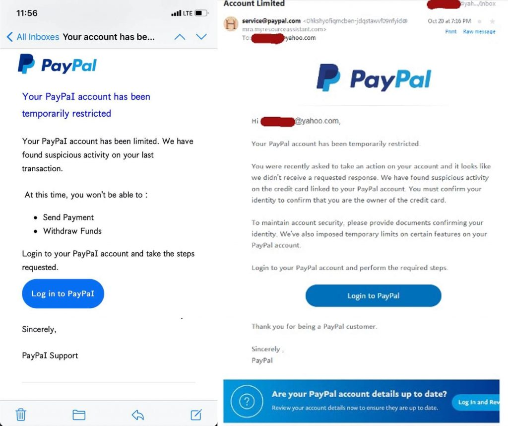  Example of a fake PayPal "account locked" email