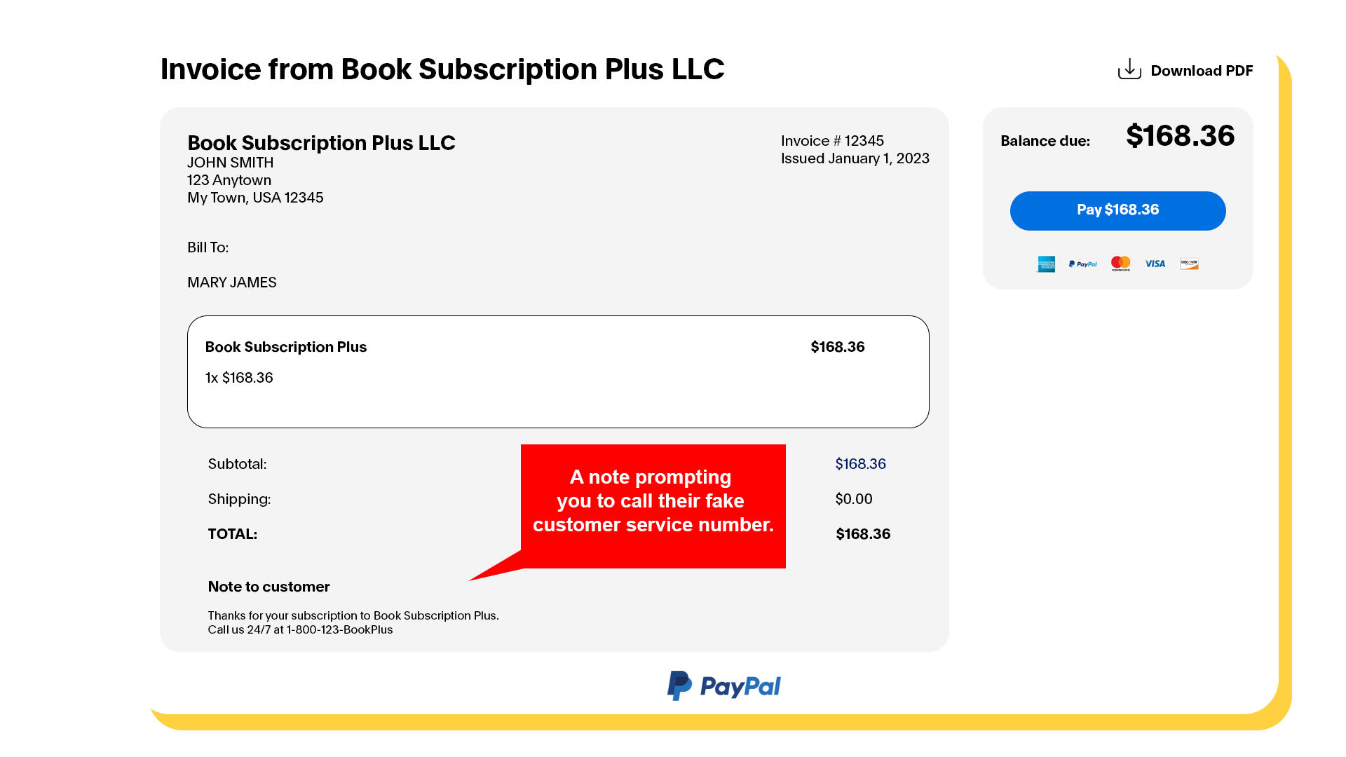 Example of a fake PayPal invoice with a fraudulent customer service number prompt
