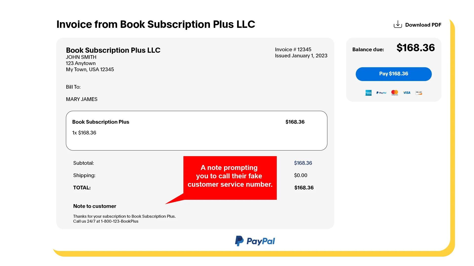 Example of a fake PayPal invoice with a fraudulent customer service number prompt